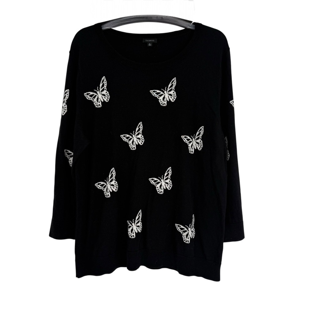 Talbots Butterfly Sweater Size XL Black White Cotton 3/4 Sleeves Pullover